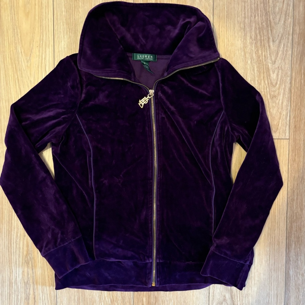 Velvet purple Ralph Lauren sweatsuit jacket with charm.